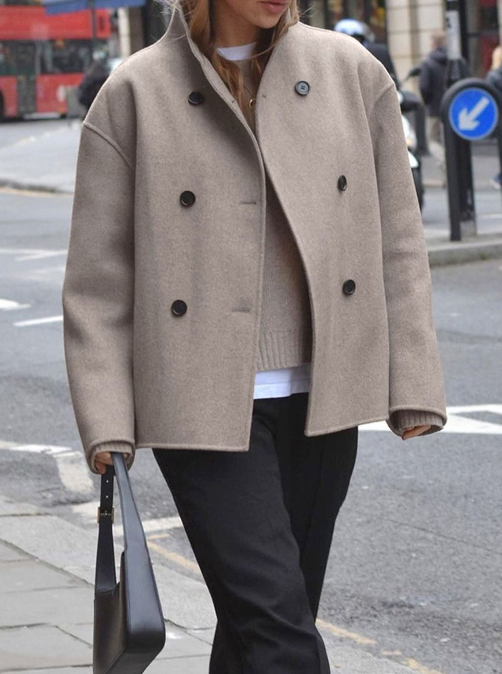 Women's Relaxed Double-Breasted Wool Pea Coat