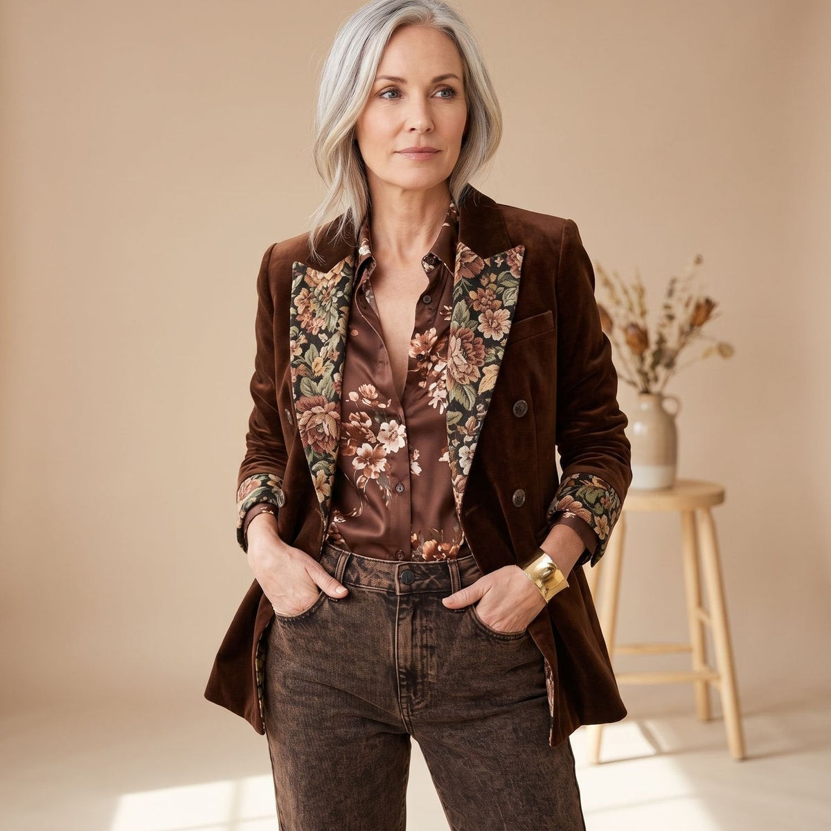 Women's Velvet Double-Breasted Blazer with Floral Jacquard Lapels - Brown