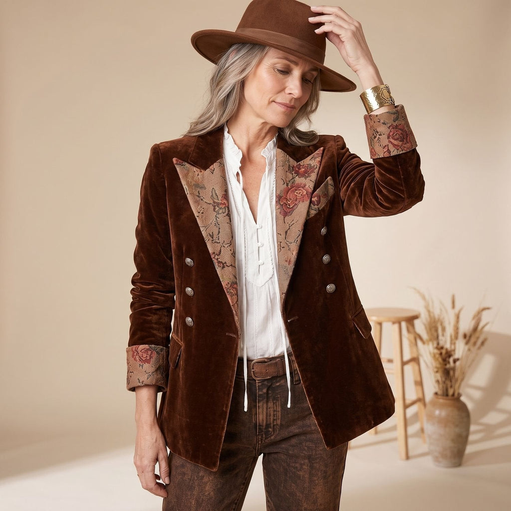 Women's Velvet Double-Breasted Blazer with Floral Jacquard Lapels