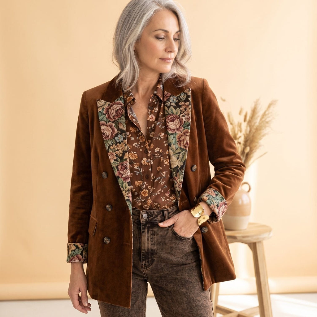 Women's Velvet Double-Breasted Blazer with Floral Jacquard Lapels