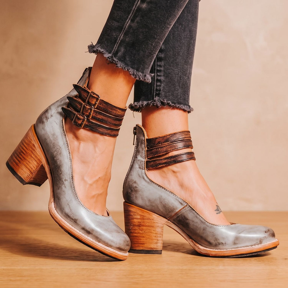 Women's Distressed Leather Double-Buckle Stacked Heel Ankle Boots - Gray