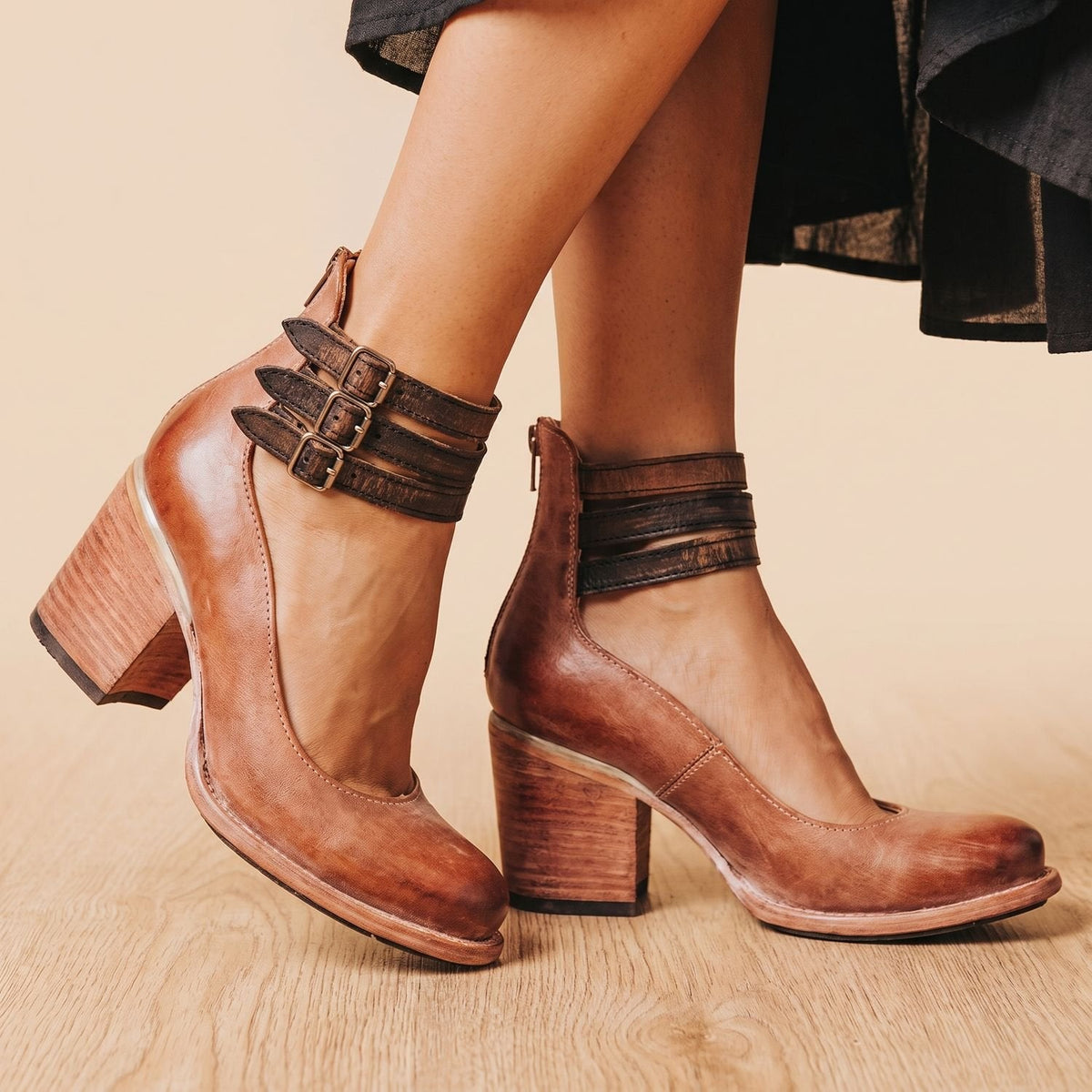 Women's Distressed Leather Double-Buckle Stacked Heel Ankle Boots - Dark Brown
