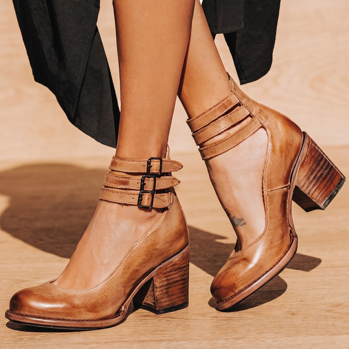 Women's Distressed Leather Double-Buckle Stacked Heel Ankle Boots - Brown
