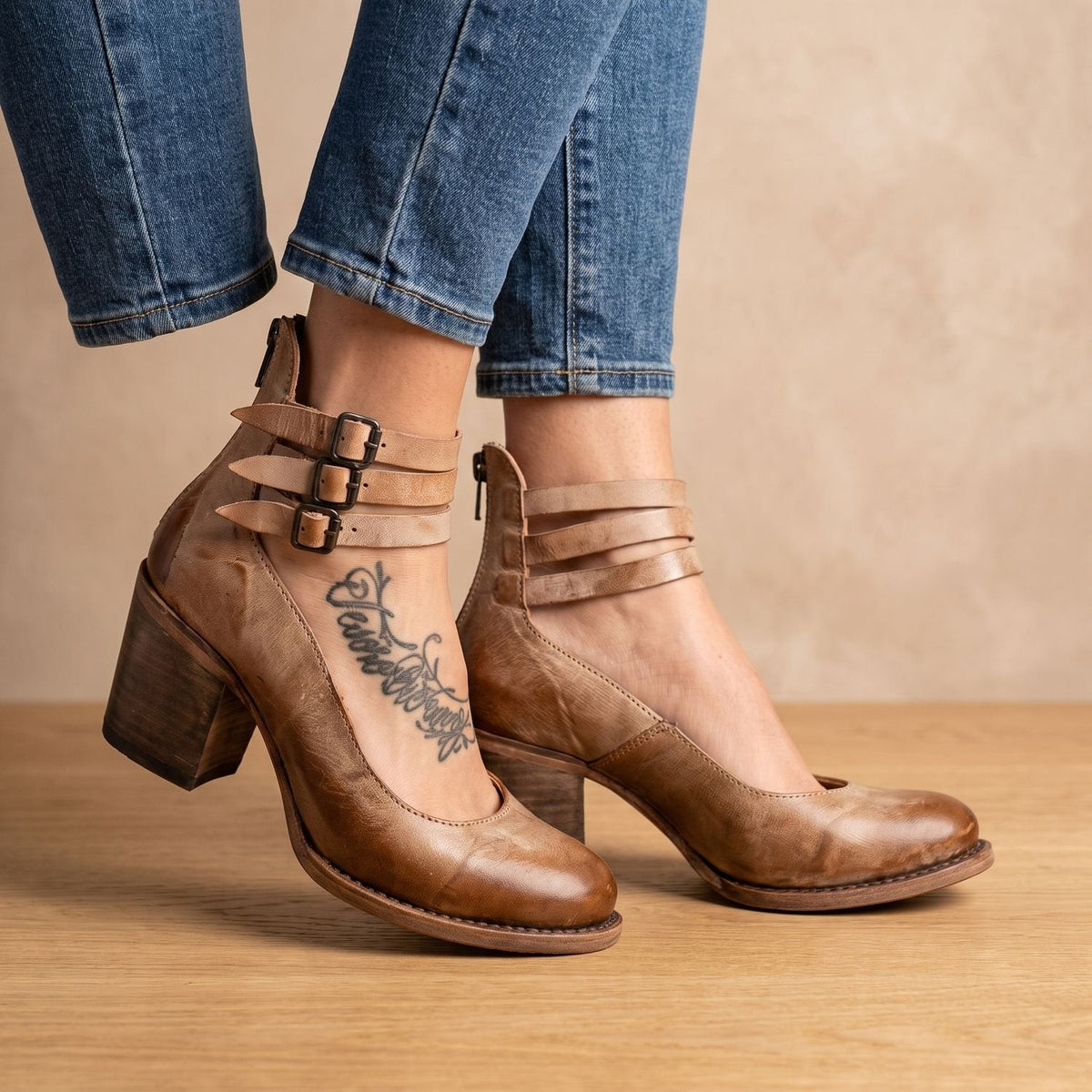 Women's Distressed Leather Double-Buckle Stacked Heel Ankle Boots