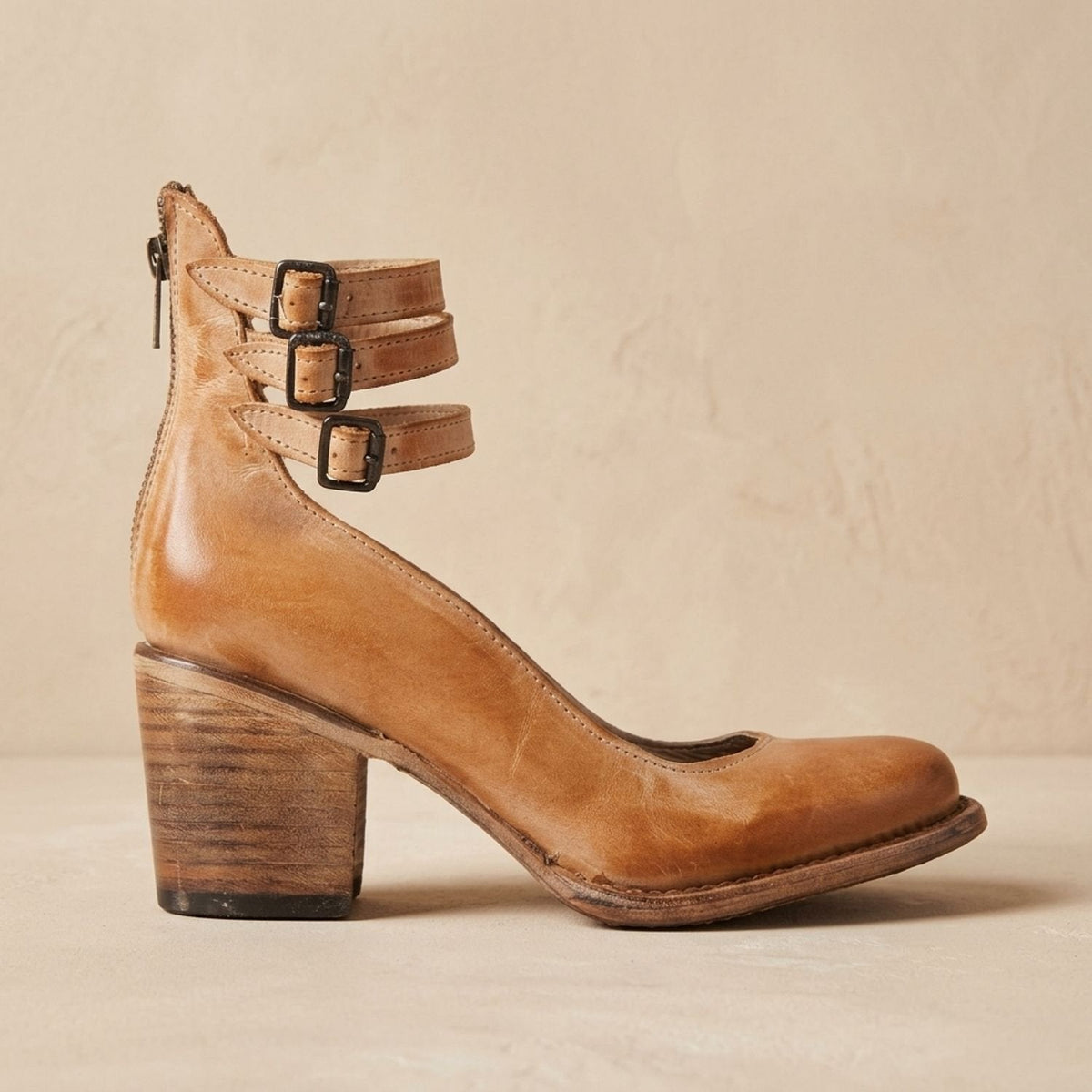 Women's Distressed Leather Double-Buckle Stacked Heel Ankle Boots