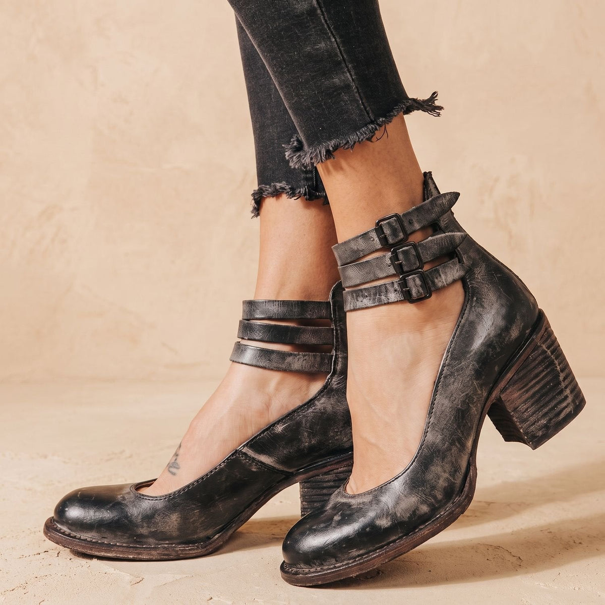 Women's Distressed Leather Double-Buckle Stacked Heel Ankle Boots