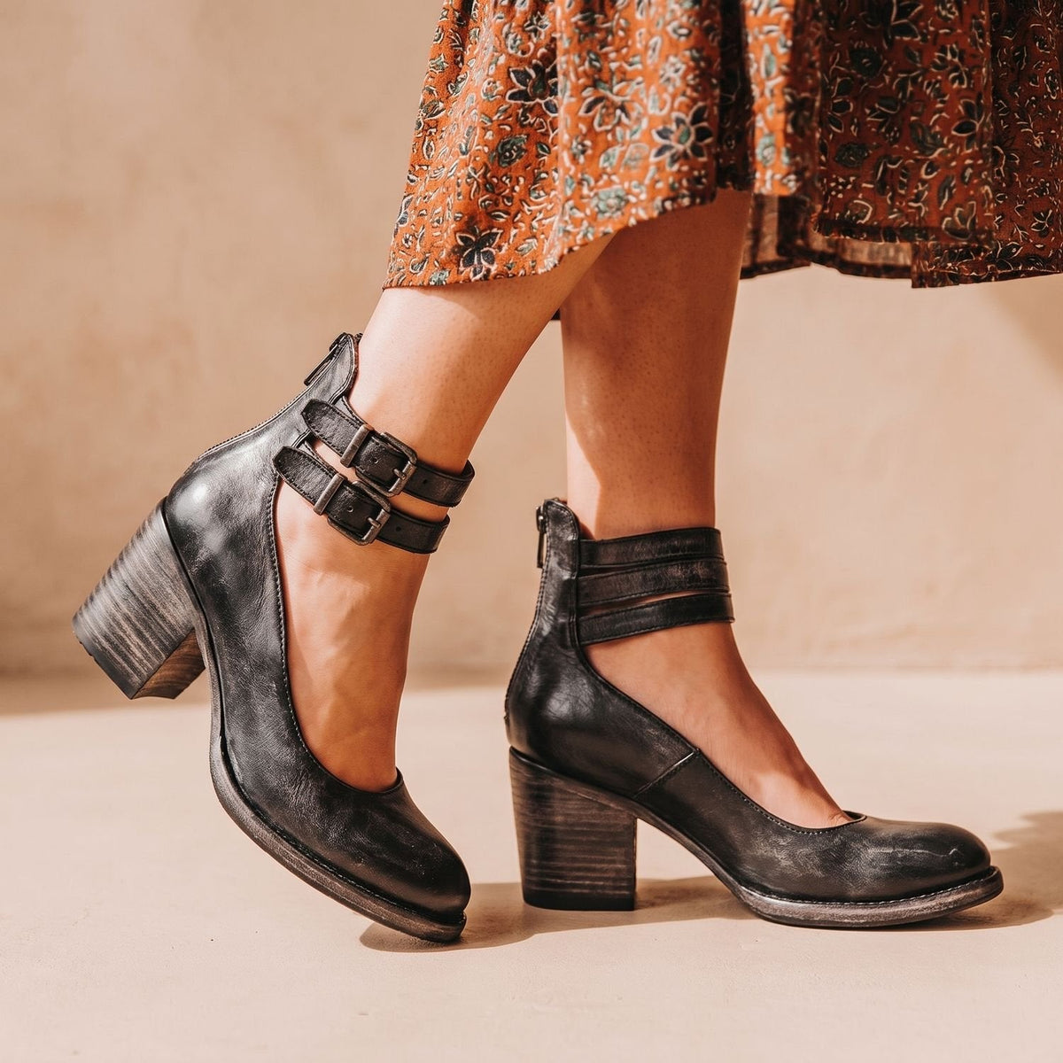 Women's Distressed Leather Double-Buckle Stacked Heel Ankle Boots