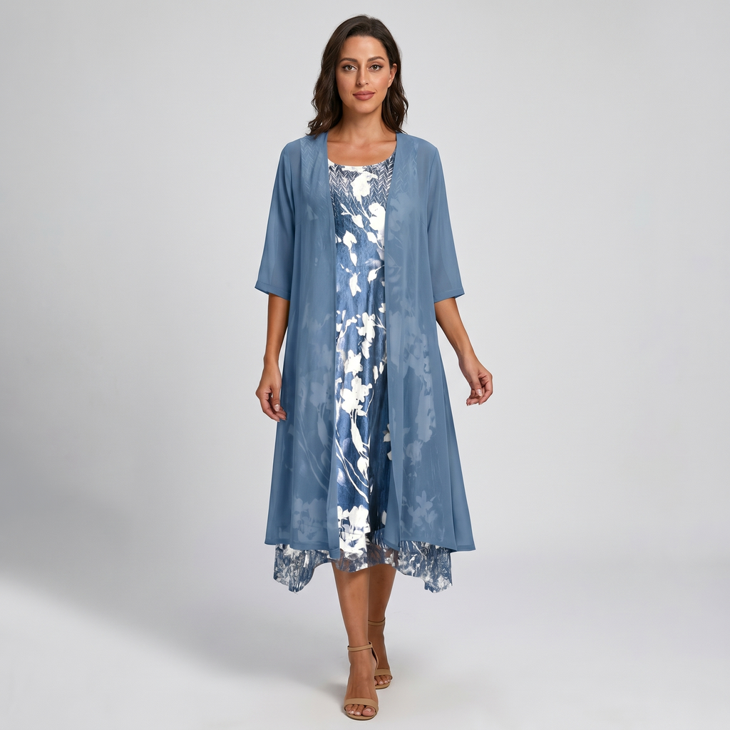 Women's Floral Midi Dress with Cardigan