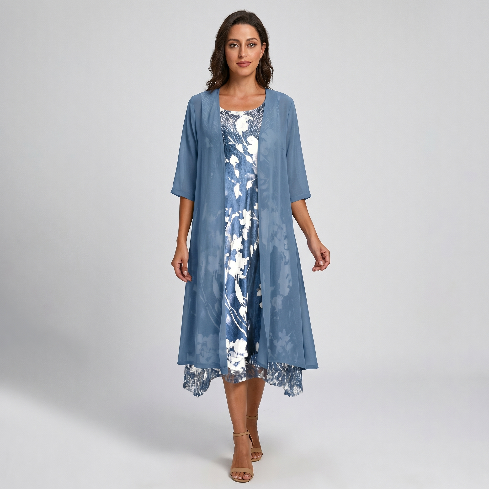 Women's Floral Midi Dress with Cardigan