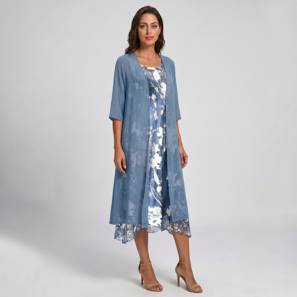 Women's Floral Midi Dress with Cardigan