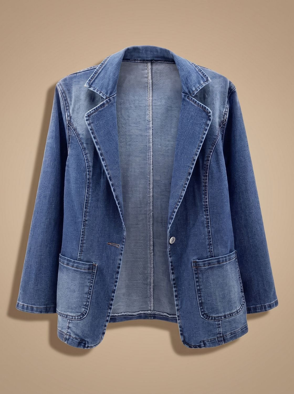 Women's Notch Lapel Single-Button Denim Blazer - Denim Blue