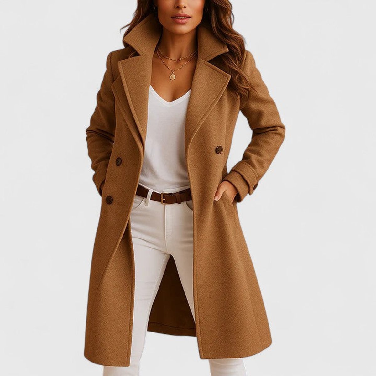 Women's Elegant Long Button-Front Coat - Camel