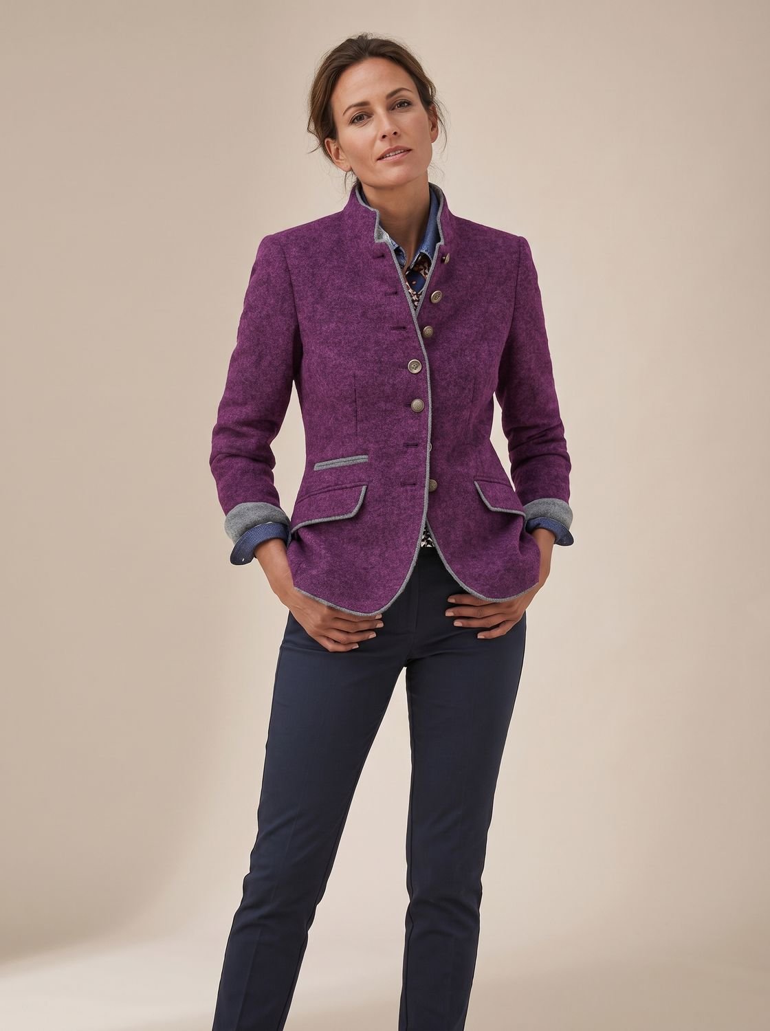 Women's Stand Collar Contrast Trim Button-Front Cardigan - Purple