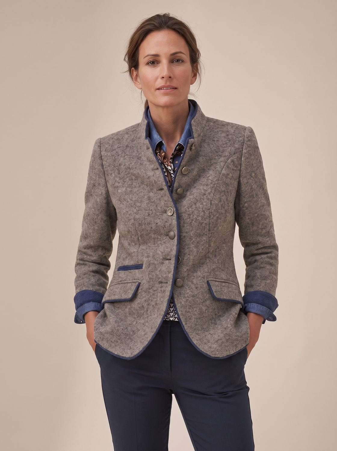 Women's Stand Collar Contrast Trim Button-Front Cardigan - Caramel