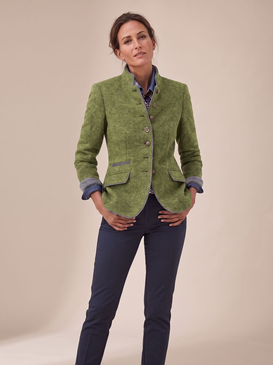 Women's Stand Collar Contrast Trim Button-Front Cardigan - Green