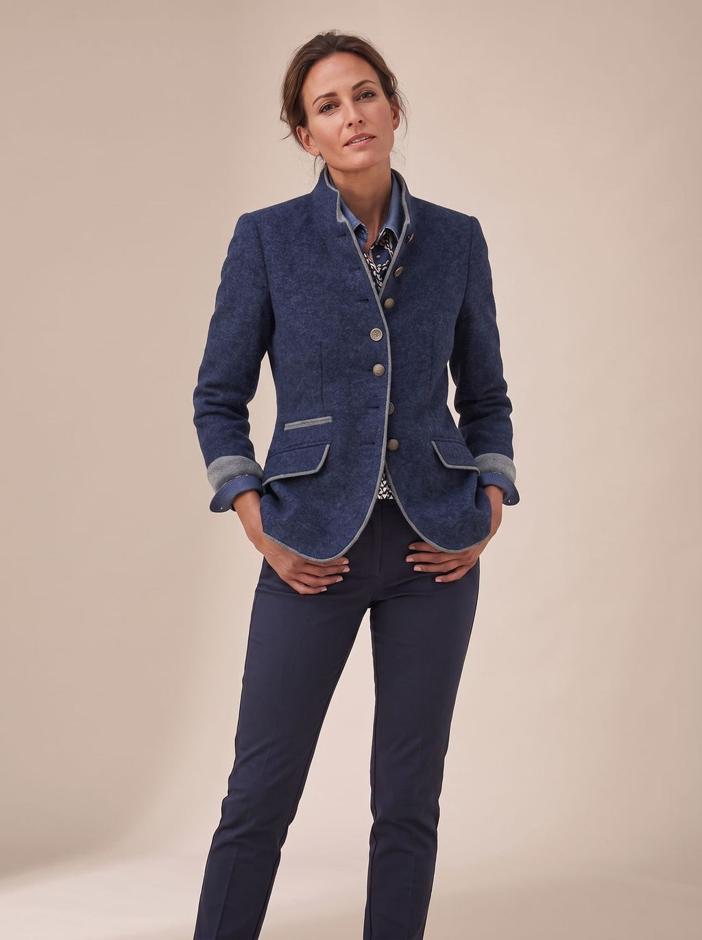 Women's Stand Collar Contrast Trim Button-Front Cardigan - Blue