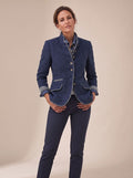 Women's Stand Collar Contrast Trim Button-Front Cardigan - Blue