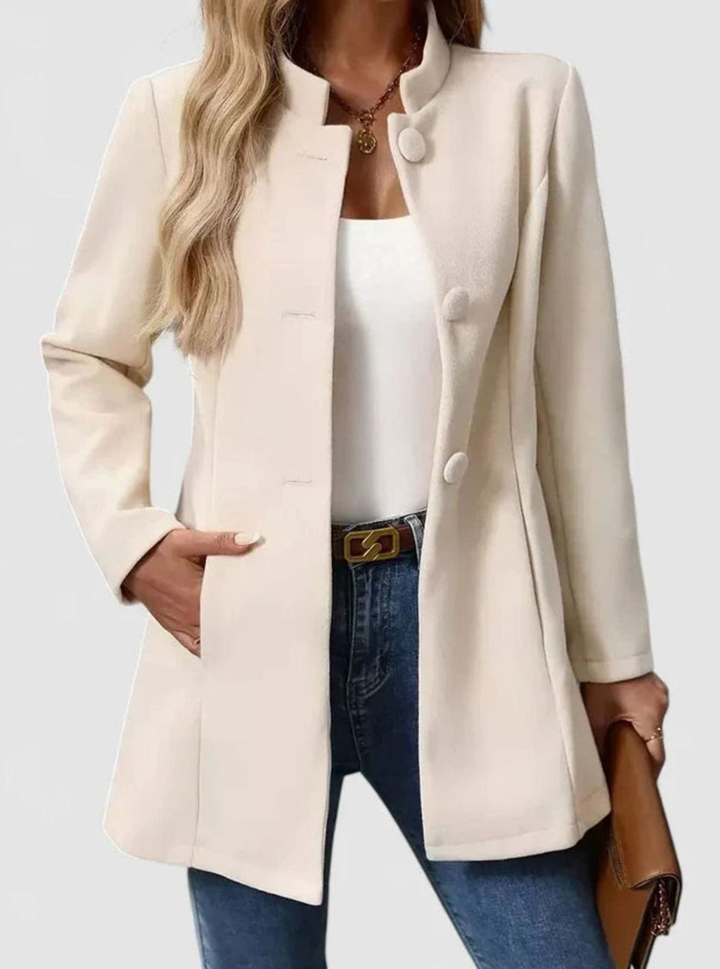 Women's Waist-Shaping Stand-Collar Formal Jacket - Cream