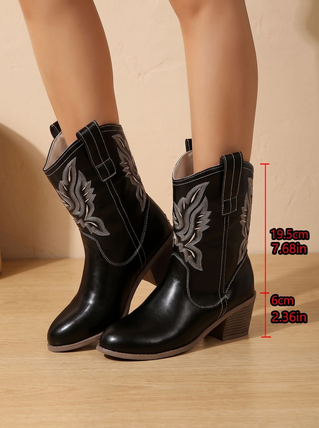 Women's Embroidered Mid-Calf Cowboy Boots with Pull-On Loops