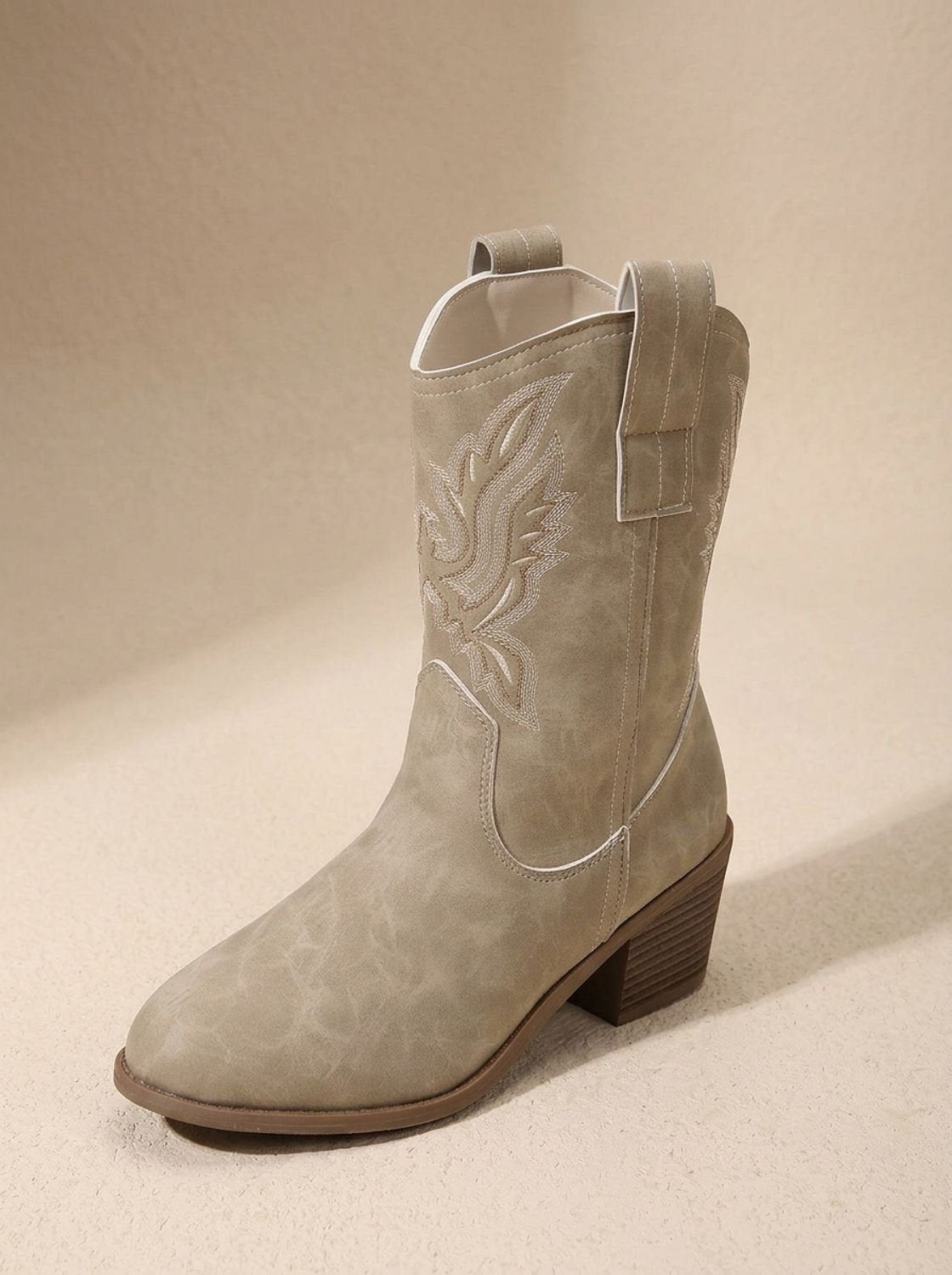 Women's Embroidered Mid-Calf Cowboy Boots with Pull-On Loops - Ecru