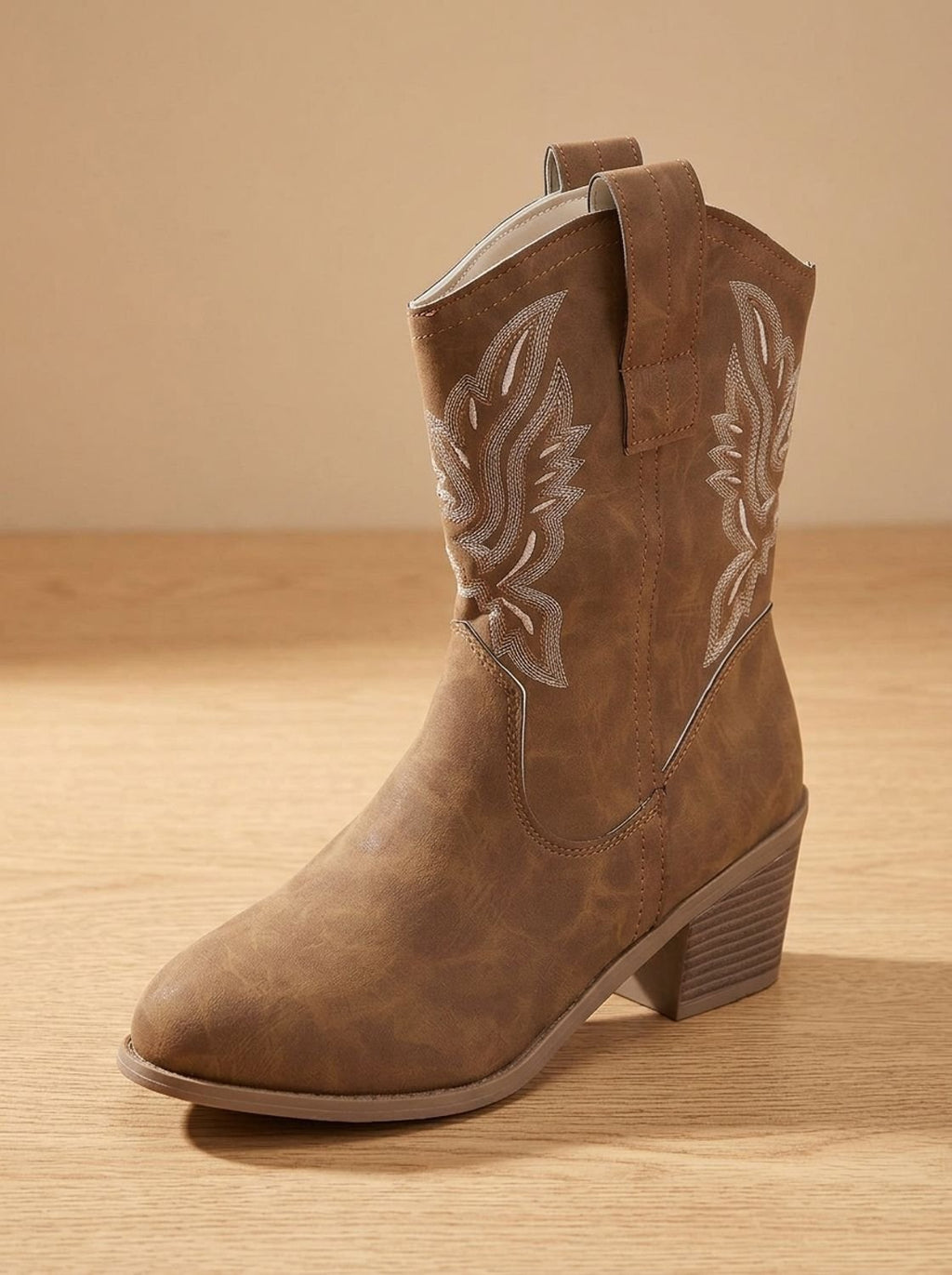Women's Embroidered Mid-Calf Cowboy Boots with Pull-On Loops - Dark Brown