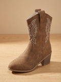 Women's Embroidered Mid-Calf Cowboy Boots with Pull-On Loops - Dark Brown
