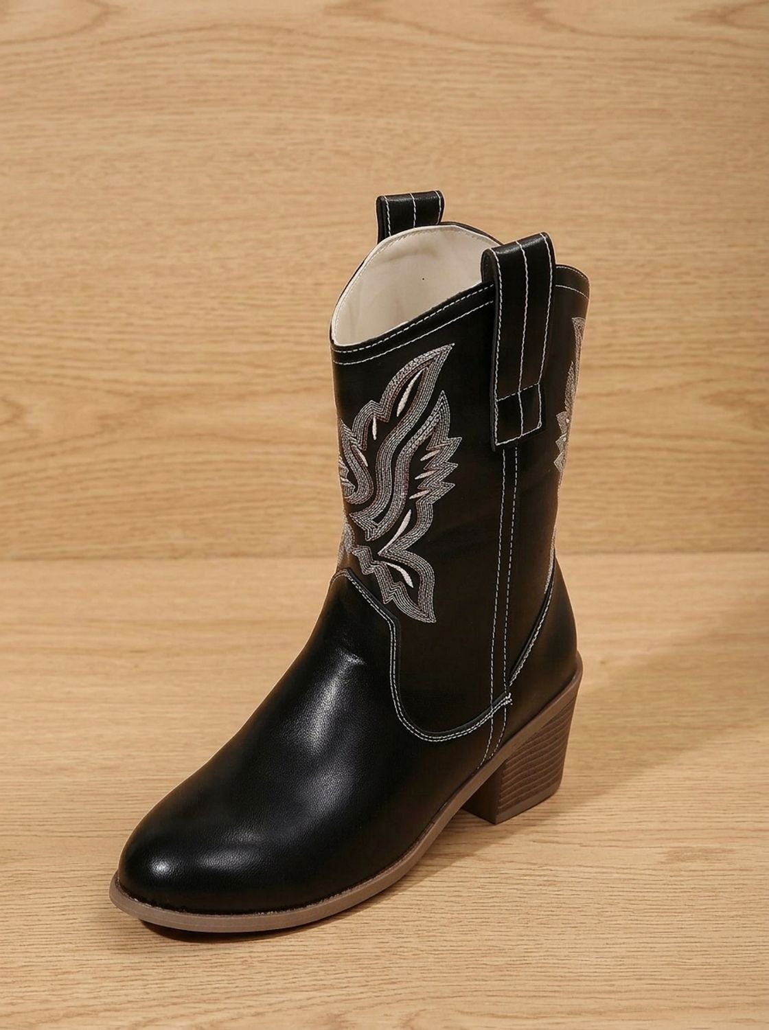 Women's Embroidered Mid-Calf Cowboy Boots with Pull-On Loops - Black