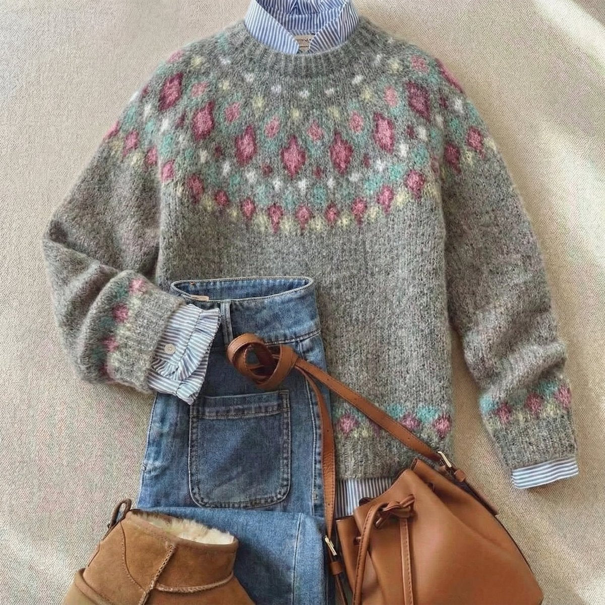Women's Fair Isle Nordic Knit Sweater - Soft Gray Pastel