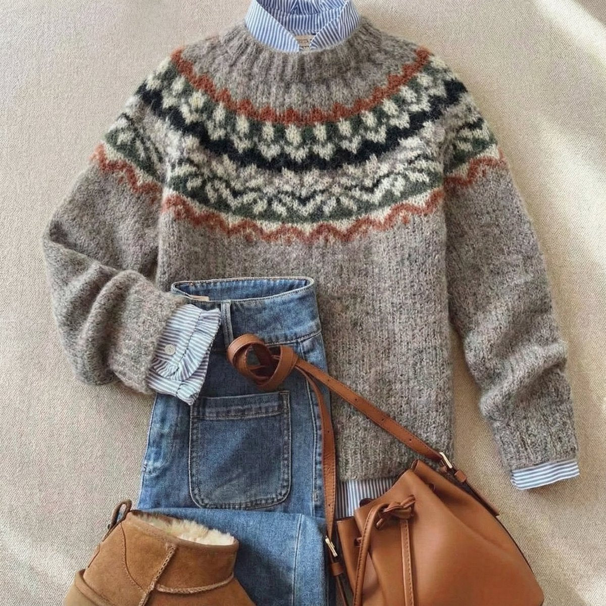 Women's Fair Isle Nordic Knit Sweater - Gray