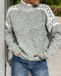 Women's Fair Isle Yoke Fold-Over Turtleneck Knit Sweater - Gray