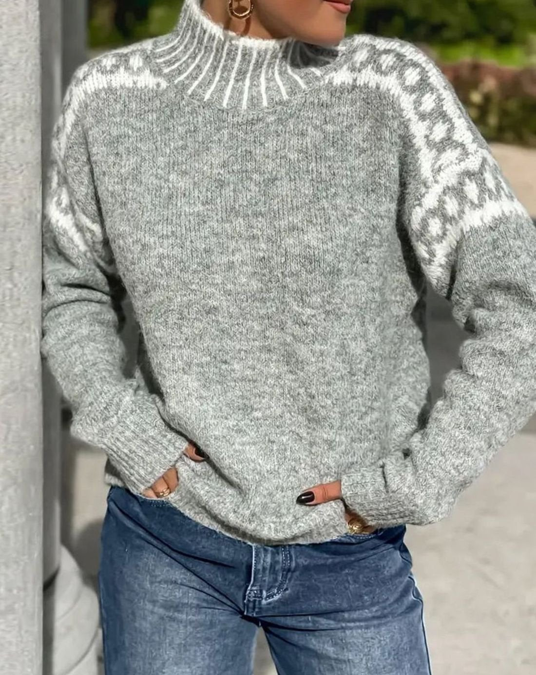 Women's Fair Isle Yoke Fold-Over Turtleneck Knit Sweater - Gray