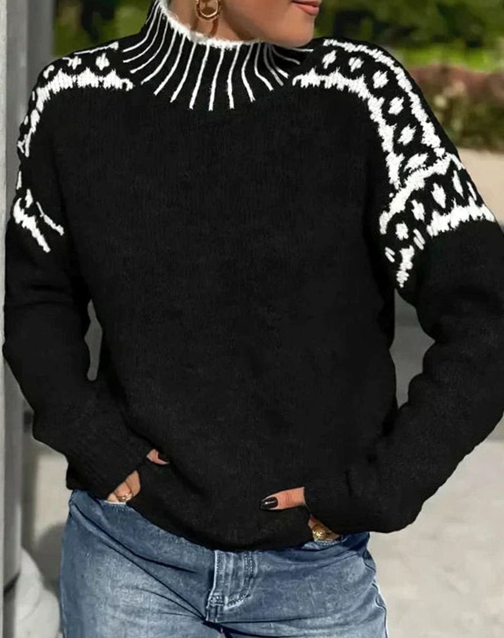 Women's Fair Isle Yoke Fold-Over Turtleneck Knit Sweater - Black