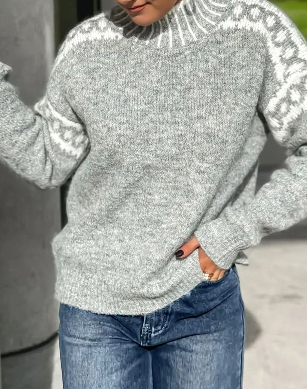 Women's Fair Isle Yoke Fold-Over Turtleneck Knit Sweater