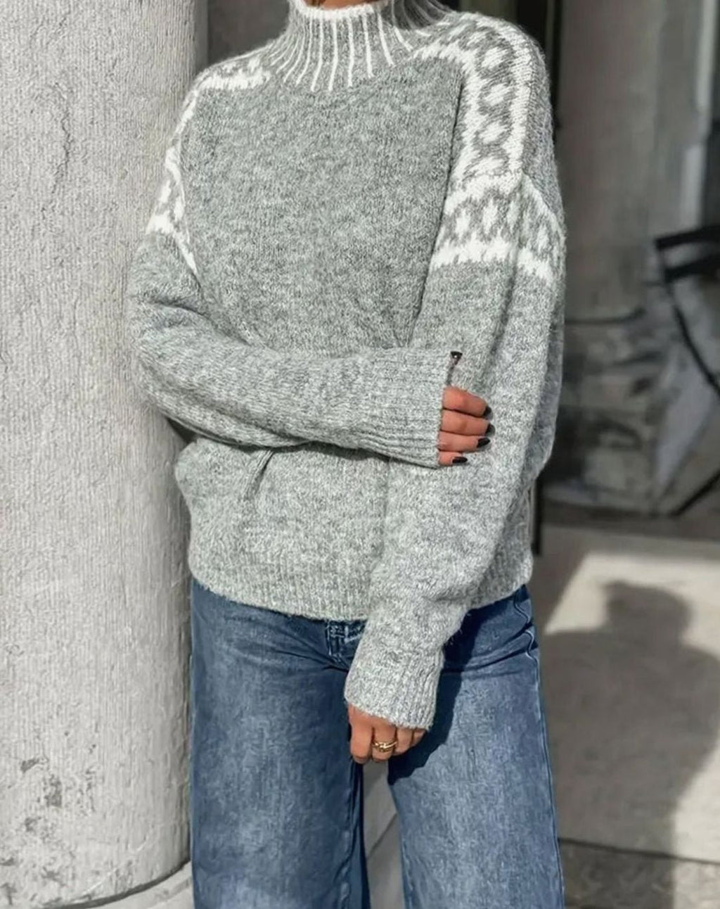 Women's Fair Isle Yoke Fold-Over Turtleneck Knit Sweater