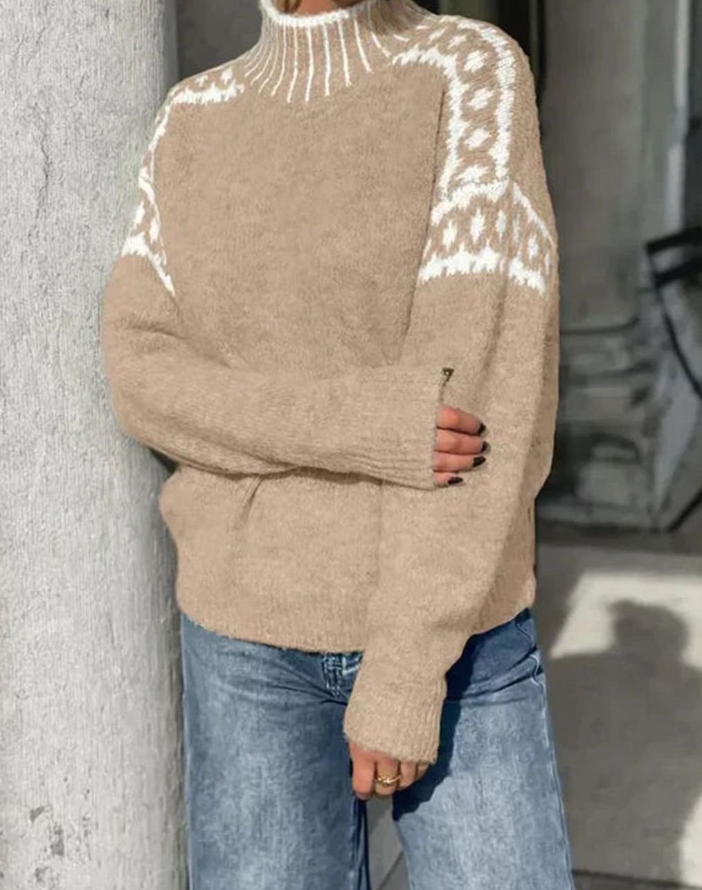 Women's Fair Isle Yoke Fold-Over Turtleneck Knit Sweater