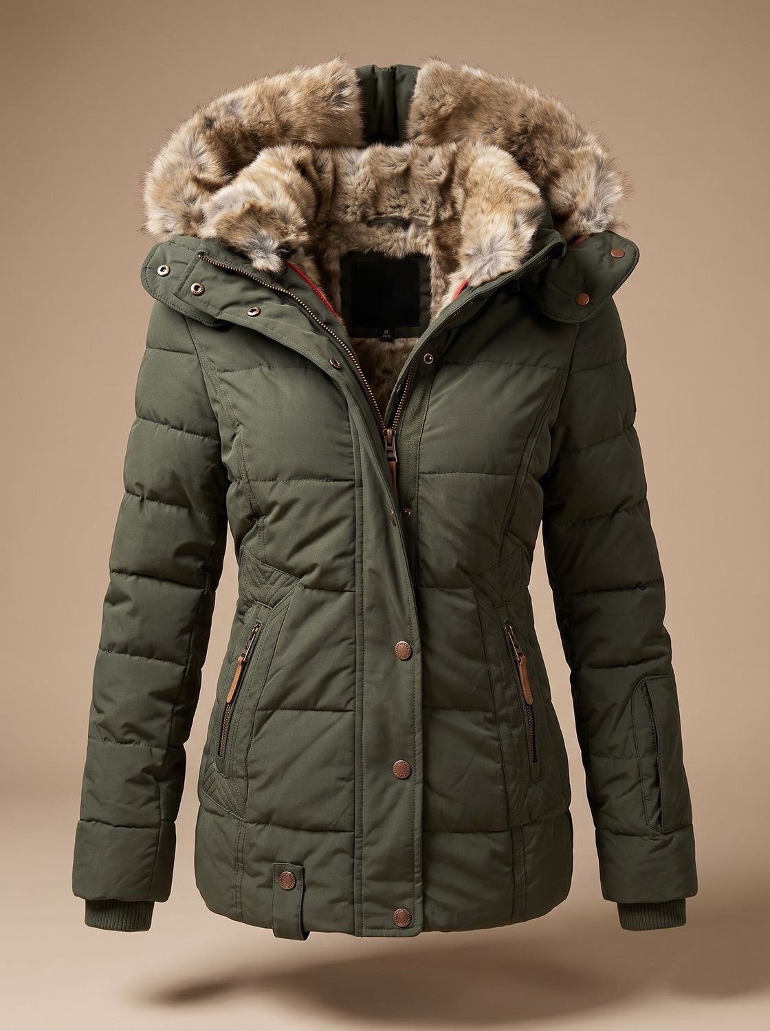 Women's Faux-Fur Hood Quilted Puffer Coat with Cinched Waist - Green