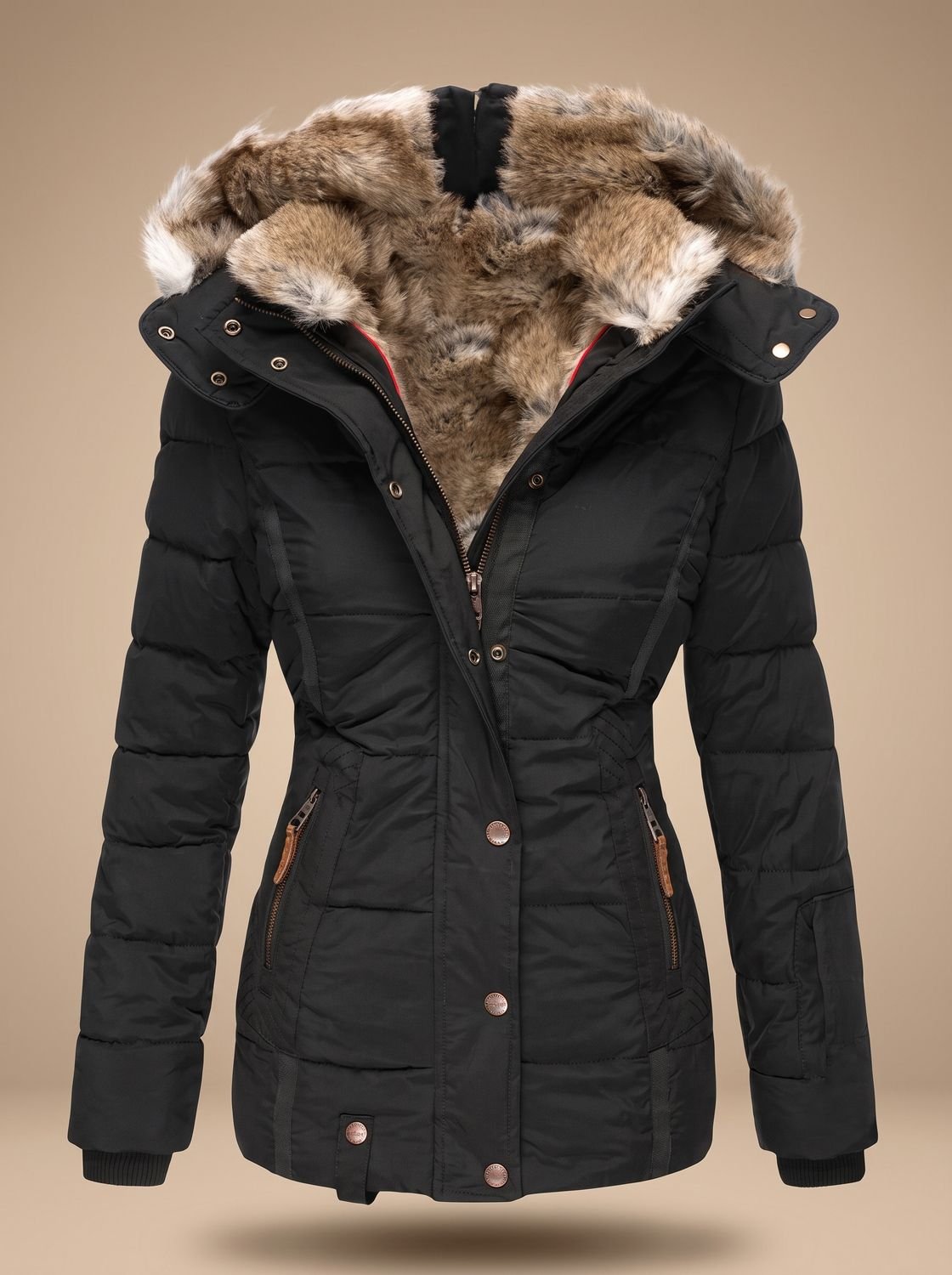 Women's Faux-Fur Hood Quilted Puffer Coat with Cinched Waist - Black
