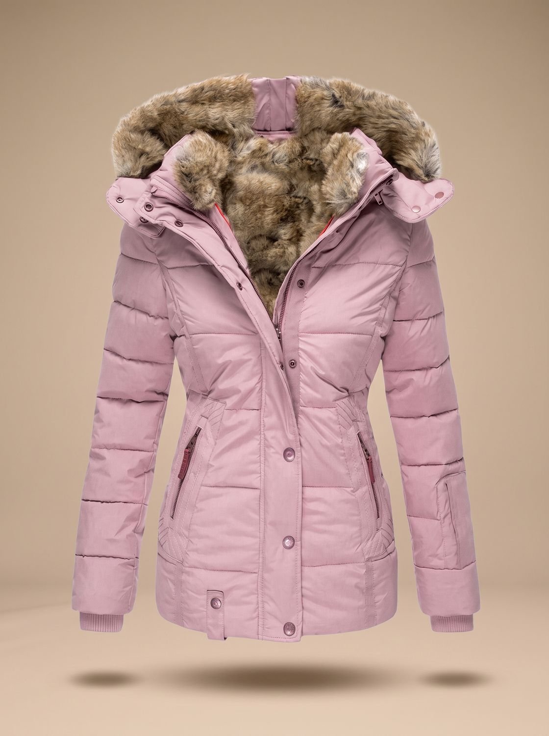 Women's Faux-Fur Hood Quilted Puffer Coat with Cinched Waist - Pink