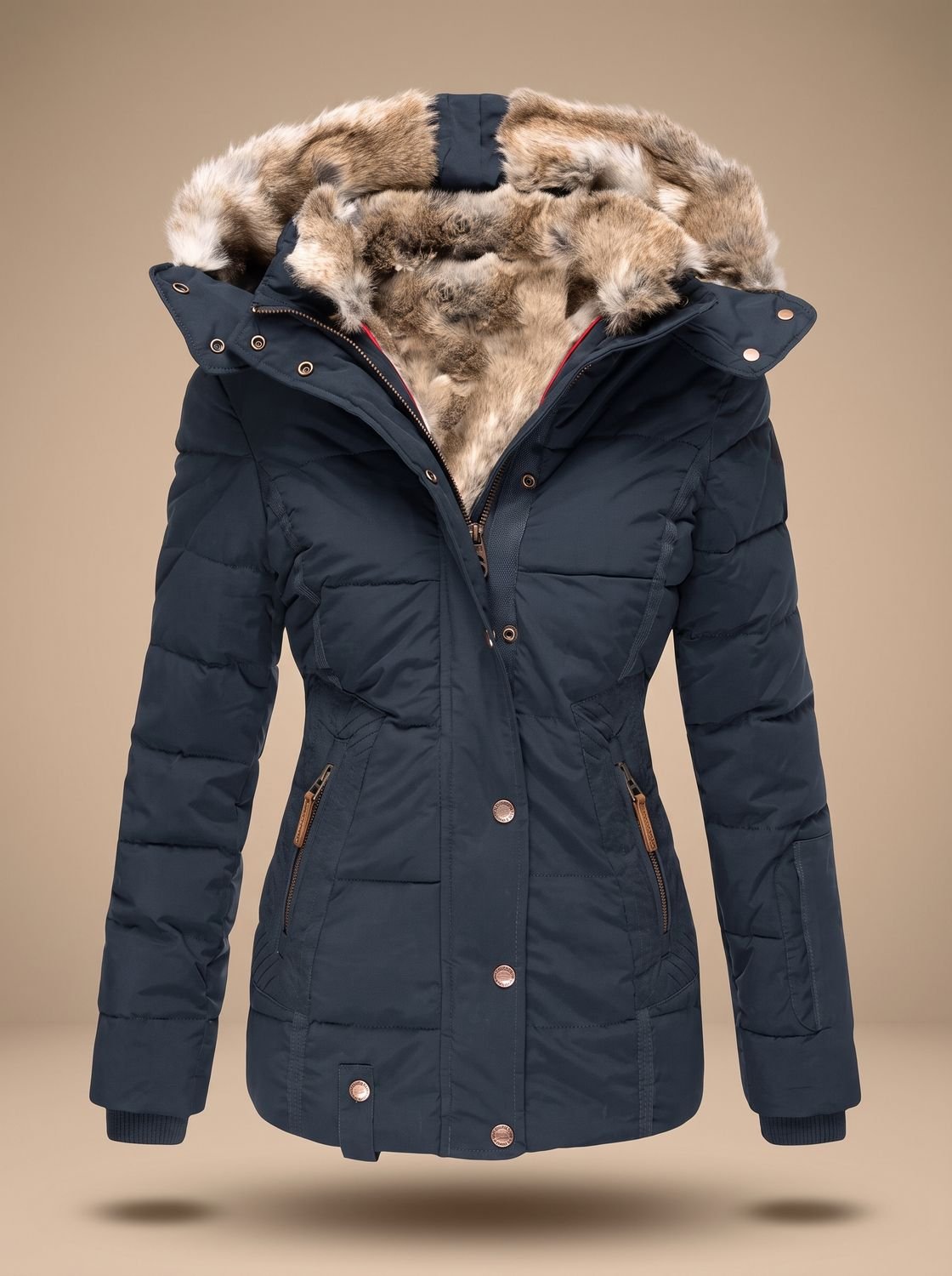 Women's Faux-Fur Hood Quilted Puffer Coat with Cinched Waist - Blue