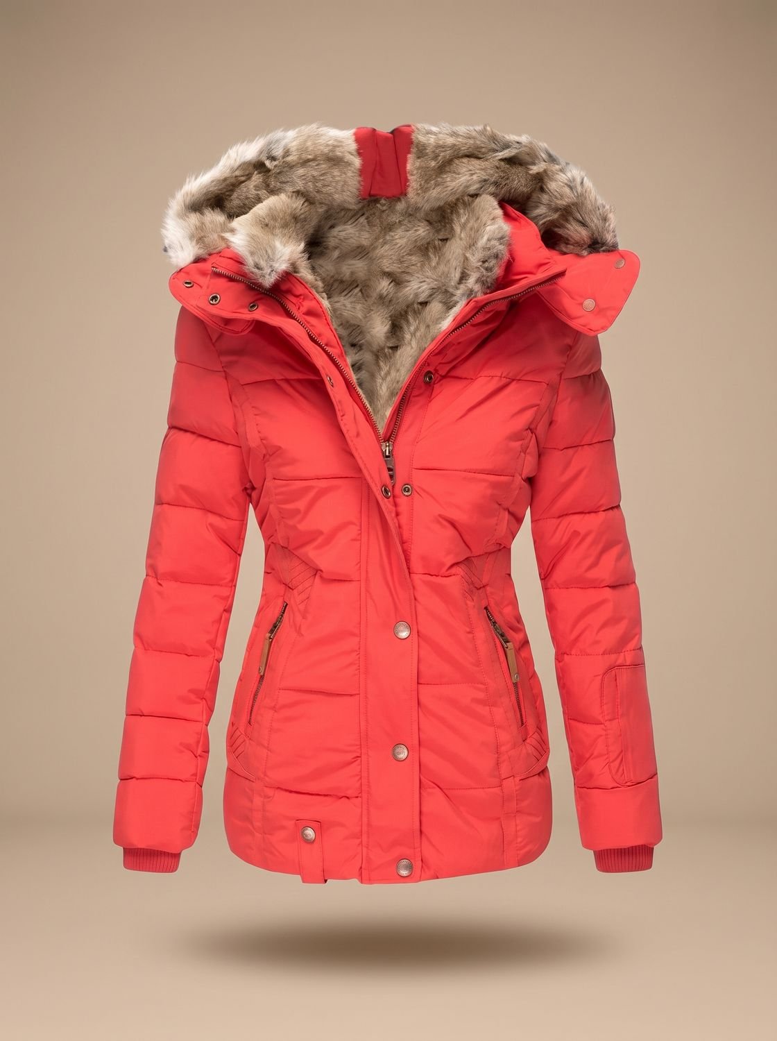 Women's Faux-Fur Hood Quilted Puffer Coat with Cinched Waist - Red