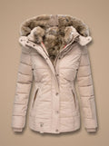 Women's Faux-Fur Hood Quilted Puffer Coat with Cinched Waist - Beige