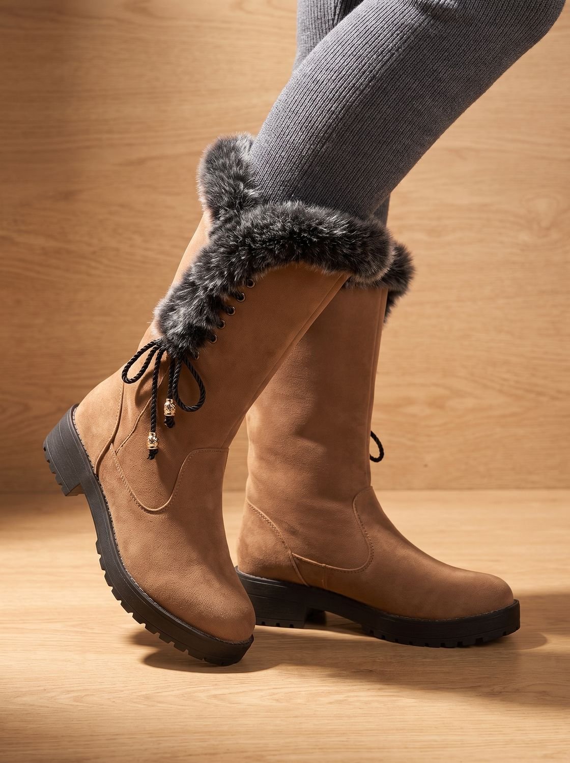 Women's Suede-Look Knee-High Snow Boots with Lug Sole - Yellow