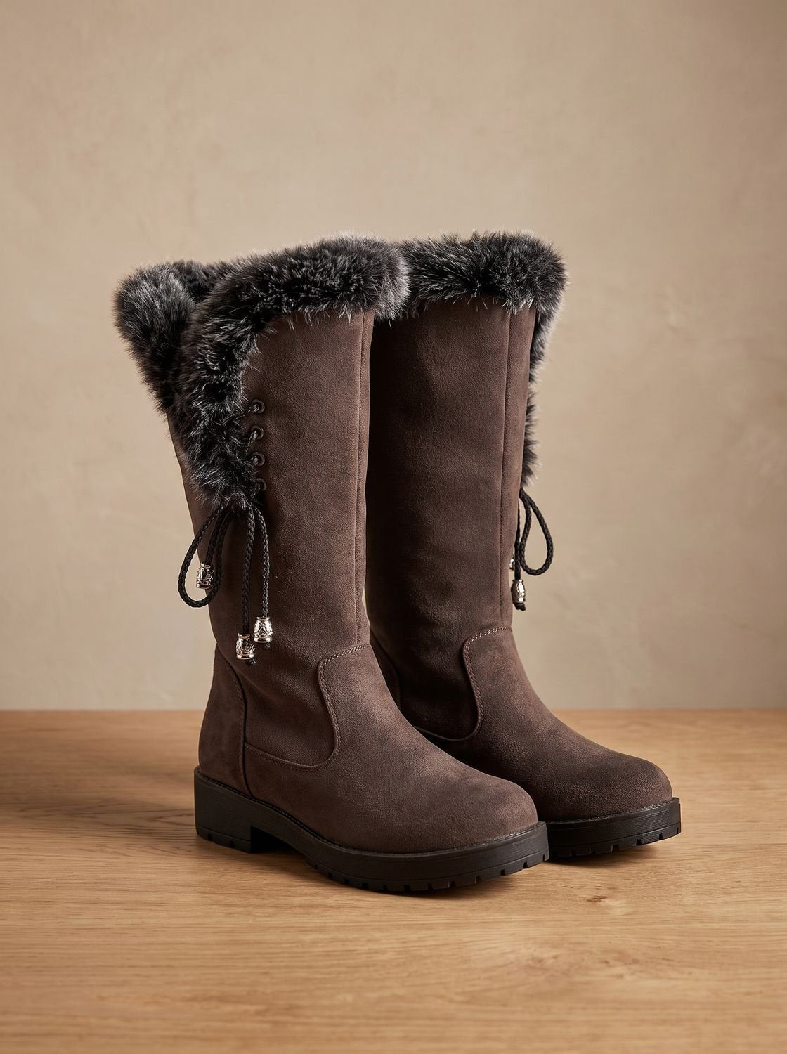 Women's Suede-Look Knee-High Snow Boots with Lug Sole - Dark Brown