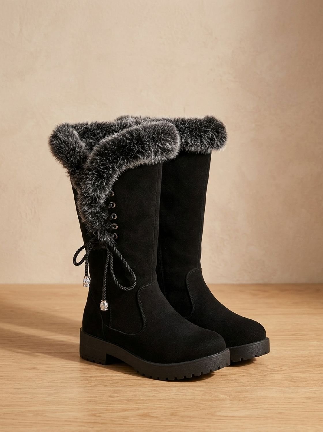 Women's Suede-Look Knee-High Snow Boots with Lug Sole - Black