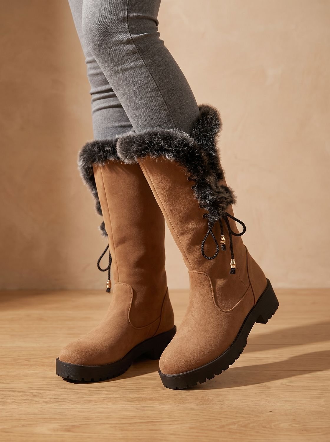 Women's Suede-Look Knee-High Snow Boots with Lug Sole