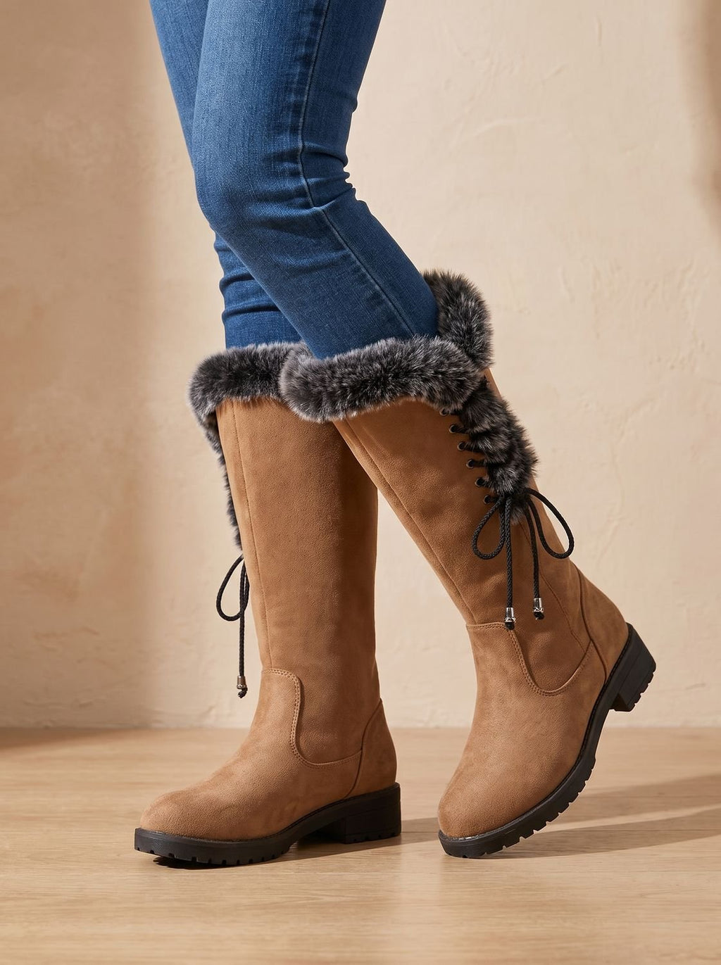 Women's Suede-Look Knee-High Snow Boots with Lug Sole