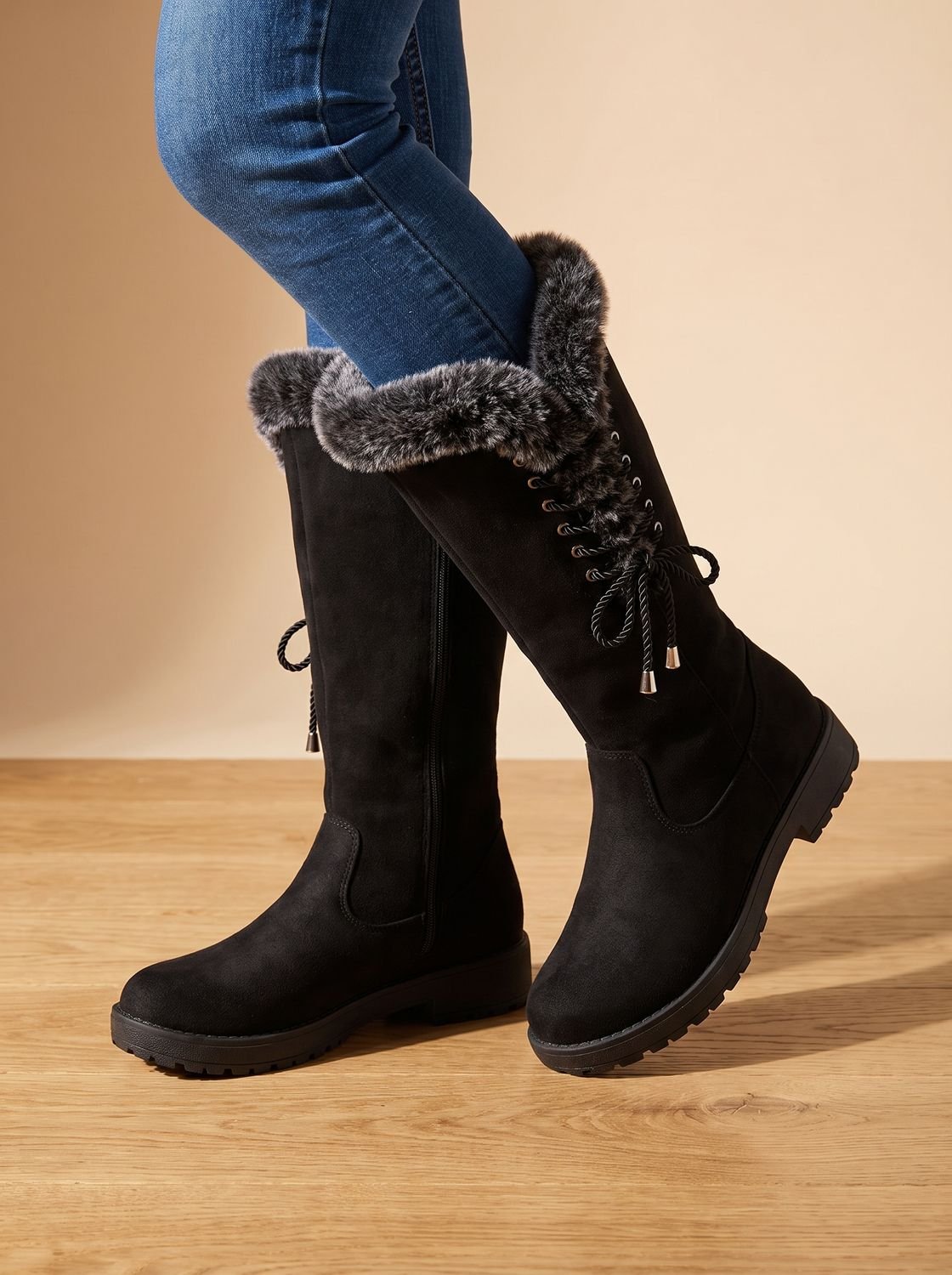 Women's Suede-Look Knee-High Snow Boots with Lug Sole