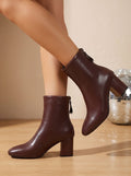 Women's Faux Leather Pointed Toe Block Heel Ankle Boots - Brown