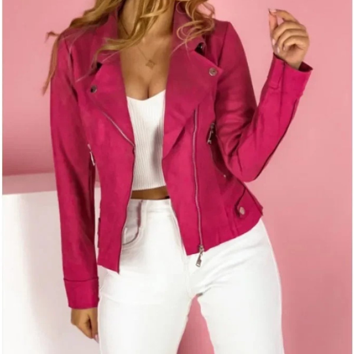 Women's Convertible Collar Faux Leather Jacket - Pink