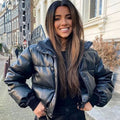 Women's Cropped Faux Leather Quilted Puffer Jacket - Black